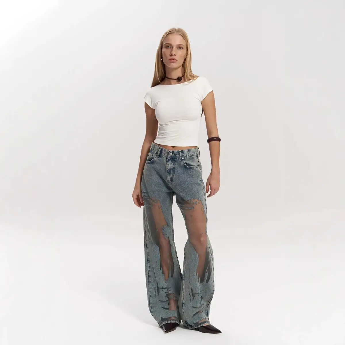 Retro Straight-leg Pants Hollow Texture Gradient Jeans
