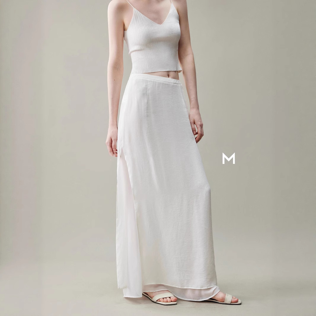 Womens Flowy Designer-style High-waisted Faux Two-piece Elegant Straight Skirt