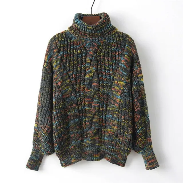 National Style Retro Pullover Thick Turtleneck Loose Women's Knitwear Blue - Shop at LoveMi