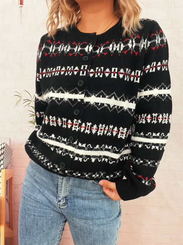 Autumn And Winter New Retro Rhombus Pattern Contrast Color Round Neck Long Sleeve Commuter Sweater Black - Shop at LoveMi