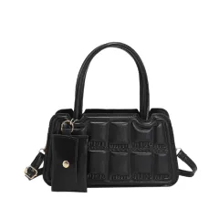 Candy Colour Shoulder Bag With Small Wallet Fashion Grid Texture Totes Women Handbag - Black - View 1
