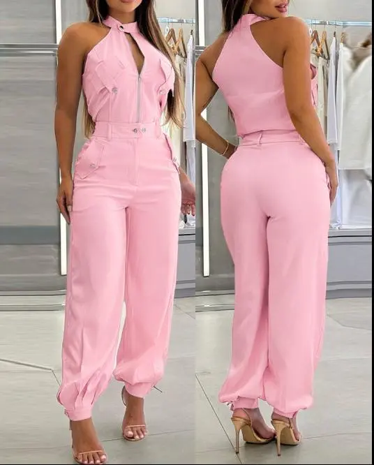 Halter Top Casual Working Pants Two piece Suit Pink - Shop at LoveMi