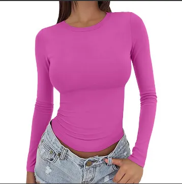 Women's Slim fit Solid Color Round Neck Long Sleeve AutumnWinter Rose Red - Shop at LoveMi