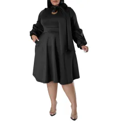 Long-sleeved Bubble Sleeve Midi Dress - Black - View 1
