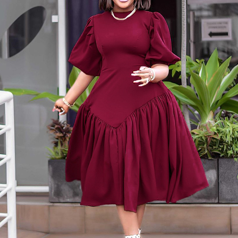 Ruffled Plus-Size Fashionable Puff-Sleeve Dress African Style