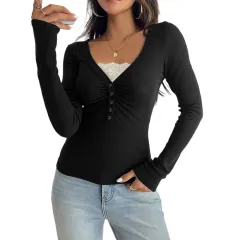 French Knit Chest Pleat Design Slim Sexy V-neck Top - Black - View 1