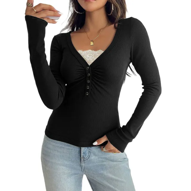 French Knit Chest Pleat Design Slim Sexy V neck Top Black - Shop at LoveMi