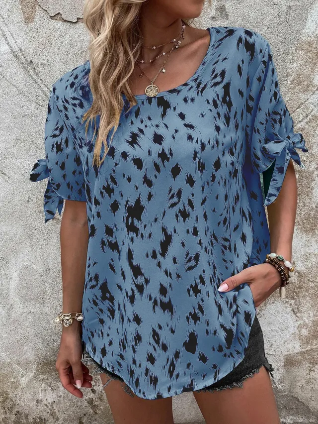 Round Neck Lace Up Leopard Print Women's Blouse Temperament Leisure Top Blue - Shop at LoveMi