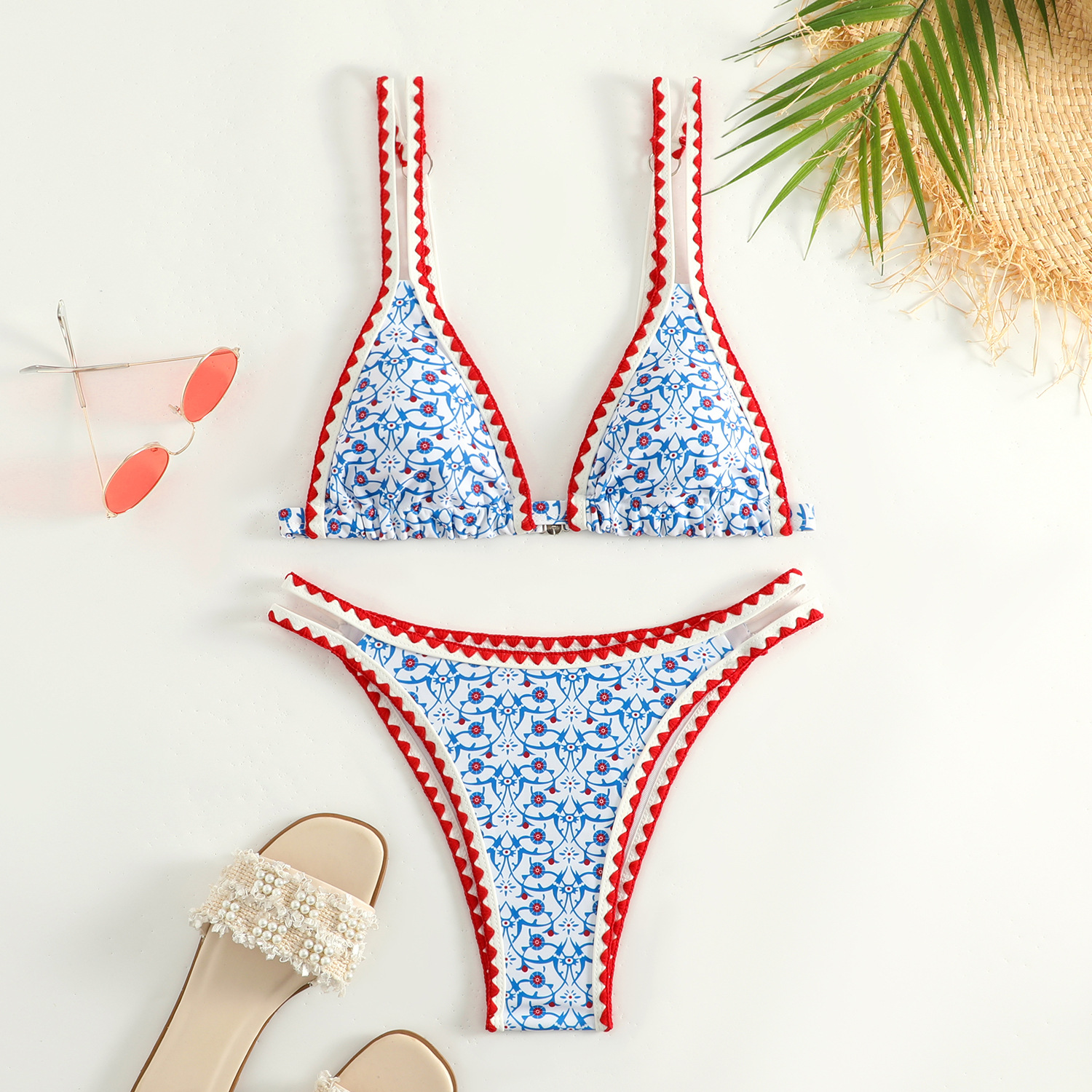 Women's Fashion Printed Split Bikini Swimsuit Blue Red Flower - Shop at LoveMi
