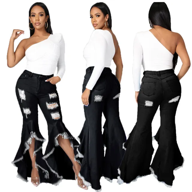 Fashion Stitching Ripped Washed Denim Stretch Slim Bell bottom Pants Black - Shop at LoveMi
