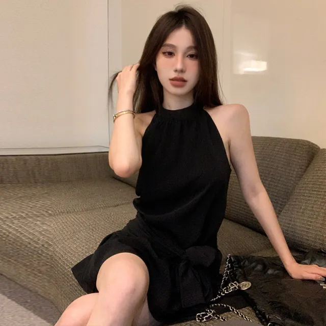 Chiffon Halterneck Vest Backless Short Skirt Black - Shop at LoveMi