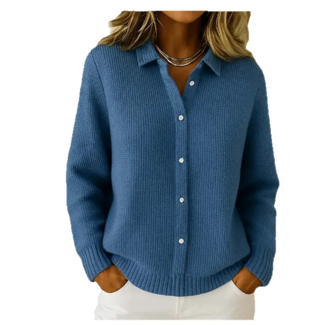 Casual Fashion Button Knitted Lapel Sweater For Women Long Sleeve Knitted Sweaters Tops Winter Jumper Dark Blue - Shop at LoveMi