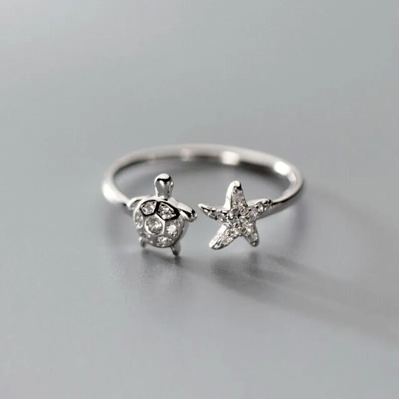 Graceful Mori Inlaid Zircon Cute Animal Turtle Starfish Ring For Women - White Gold Color