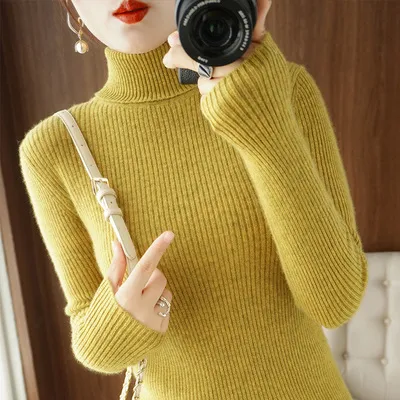 Autumn And Winter Women's Slim fit Pullover Knit Sweater For Layering Mustard Yellow - Shop at LoveMi