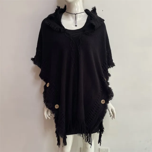 Autumn And Winter European And American Plus Size Hooded Pullover Sweater Tassel Batwing Shirt Black - Shop at LoveMi