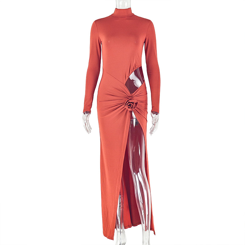Hollow out Slim fit Long sleeve Solid Color Maxi Dress Brick Red - Shop at LoveMi