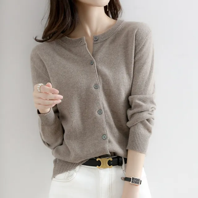 Women's Solid Color Loose Round Neck Knitted Sweater Coat Deep Camel - Shop at LoveMi