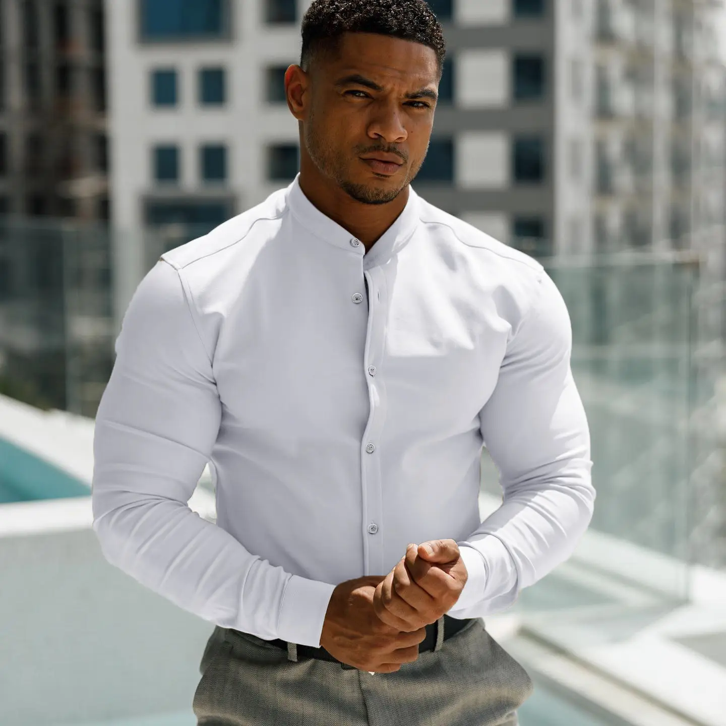 Solid-color Stand-collar Long-sleeve Fitness Sports Shirt