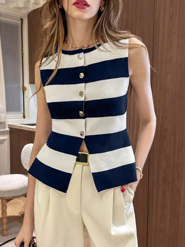 Elegant Knitted Women's Clothing Design Striped Knitted Vest Jacket Sapphire Blue - Shop at LoveMi
