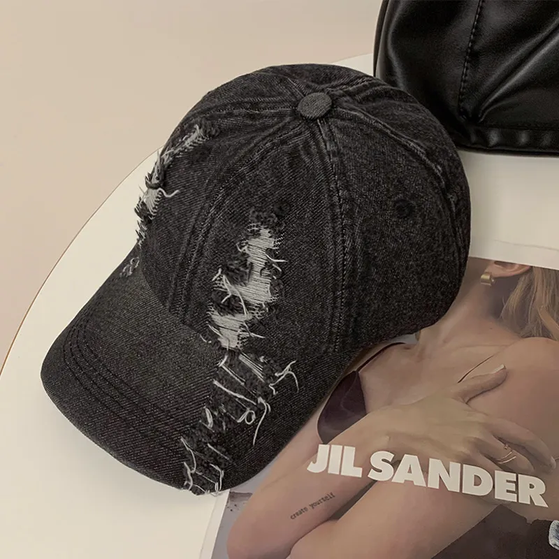 Summer Korean Style Denim Make Old Ripped Peaked Cap - Black