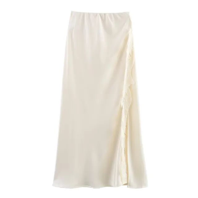Spring And Summer Side Slit Lace Elastic Waist Satin Skirt Long Skirt White - Shop at LoveMi