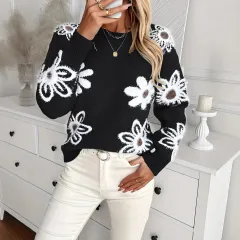 Elegant Flowers Knitted Sweater Fashion Casual - Black - View 1