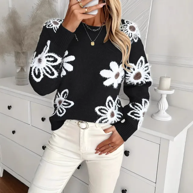Elegant Flowers Knitted Sweater Fashion Casual Black - Shop at LoveMi