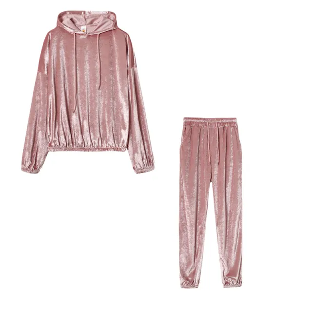 Solid Color Gold Velvet Hooded Long Sleeve Casual Suit Gold - Shop at LoveMi