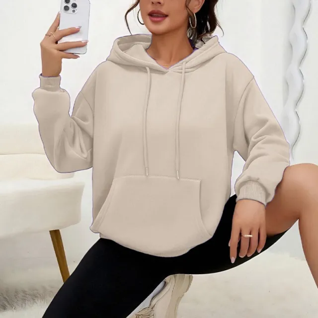 All matching Loose Drawstring Pocket Sweatshirt Long Sleeve Women Khaki - Shop at LoveMi