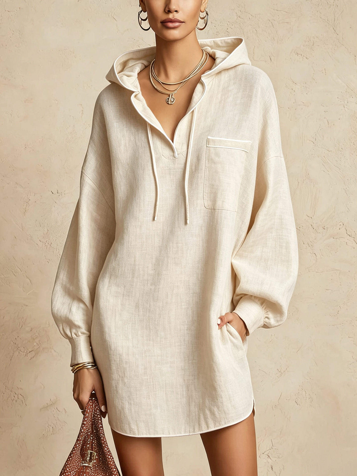 Womens Drawstring Midi Dress | Long-Sleeve Hooded