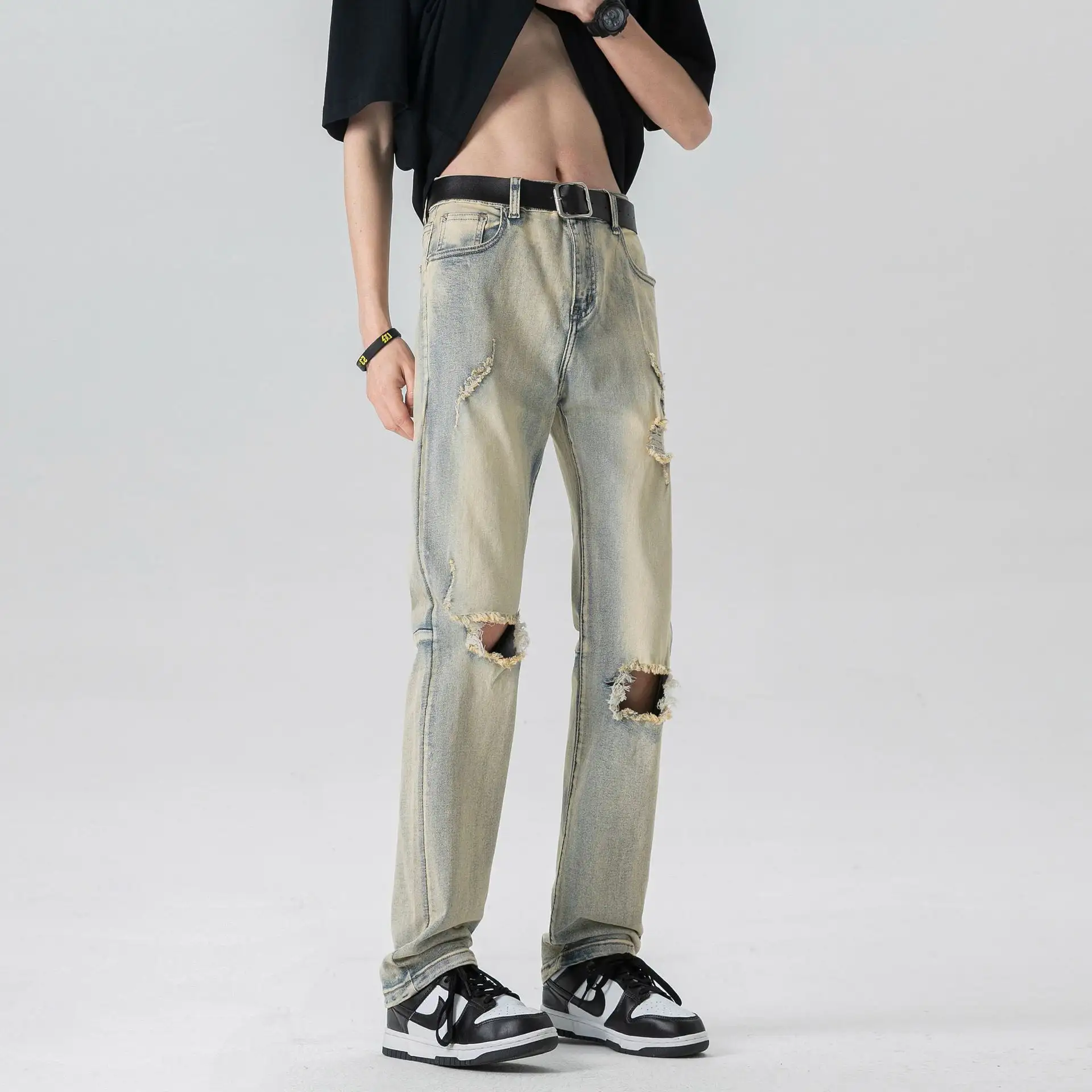 Men's Yellow Mud Washed Distressed Knee Ripped Jeans