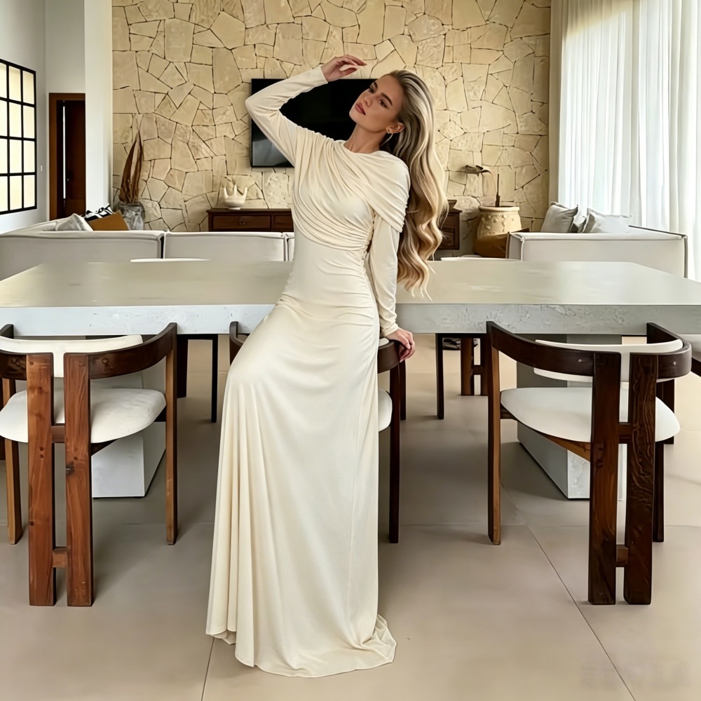 Fashionable Pleated Asymmetric Solid-Color Dress