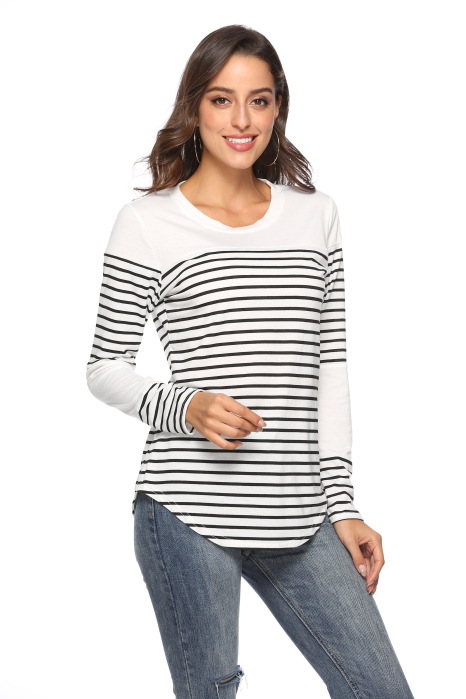 Title 6, Casual striped stitching long-sleeved loose T-s...