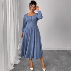 Square Collar Plus Size Loose High Waist Slimming Long Dress - Blue - View 1