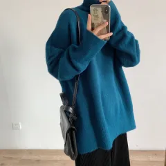 Soft Glutinous Idle Style Solid Color Turtleneck Sweater For Women - Blue - View 1