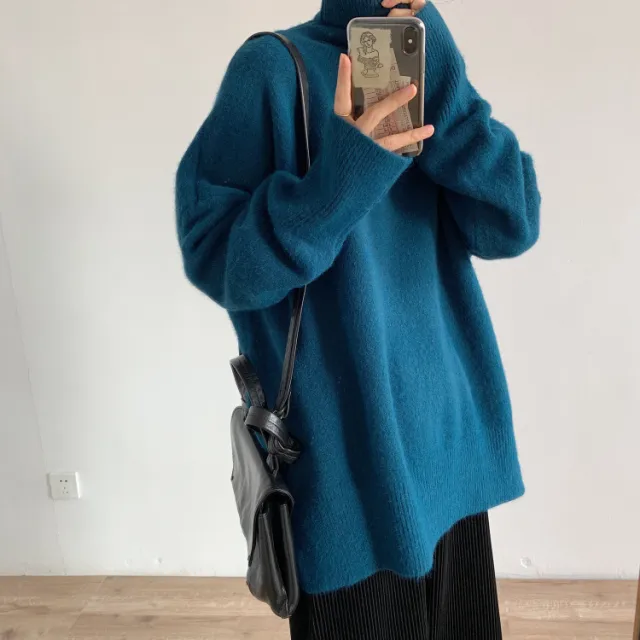 Soft Glutinous Idle Style Solid Color Turtleneck Sweater For Women Blue - Shop at LoveMi