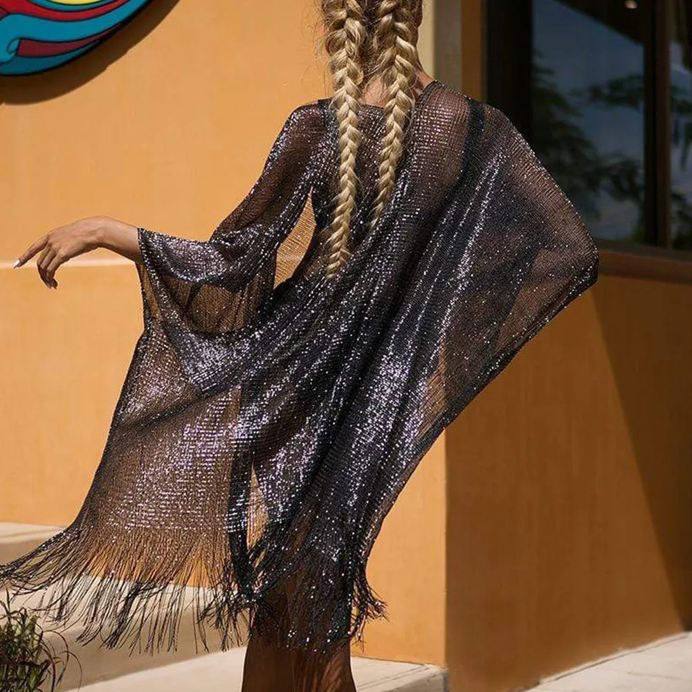 Mesh Gold Silver And Silk Beach Transparent Sun Protection Cover - Gold