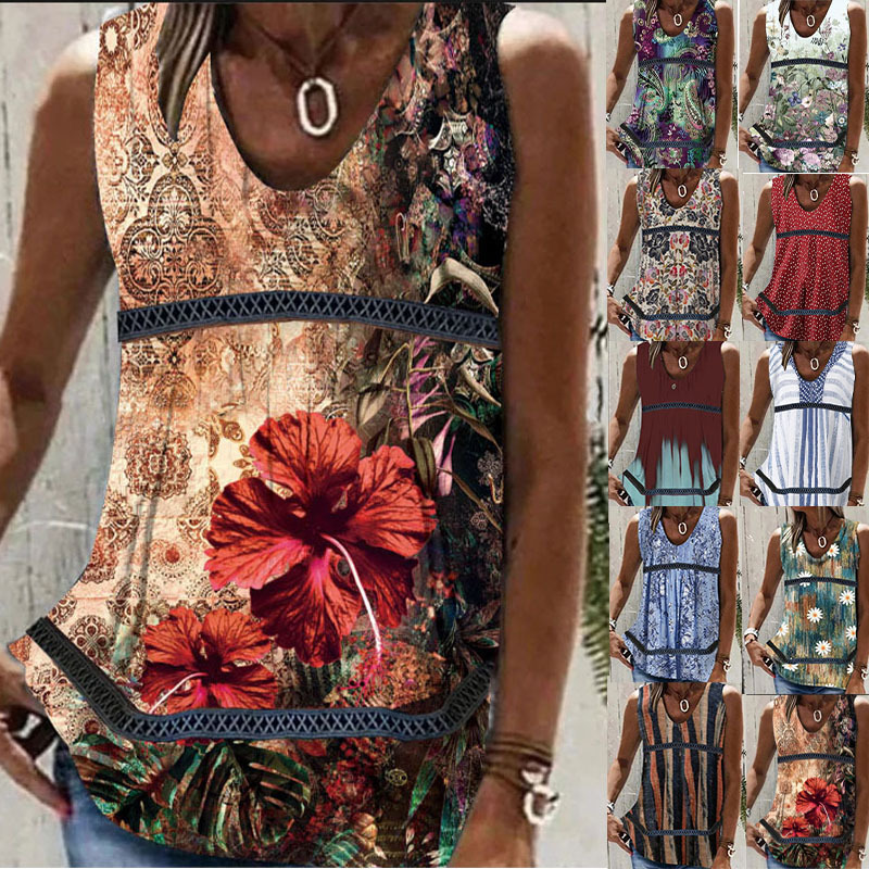 Womens Printed Patchwork Sleeveless T-Shirt Vest