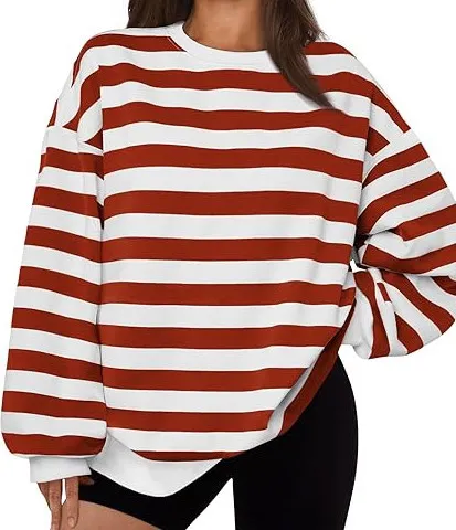 Women's Crew neck Pullover Casual Striped Sweatshirt Red - Shop at LoveMi