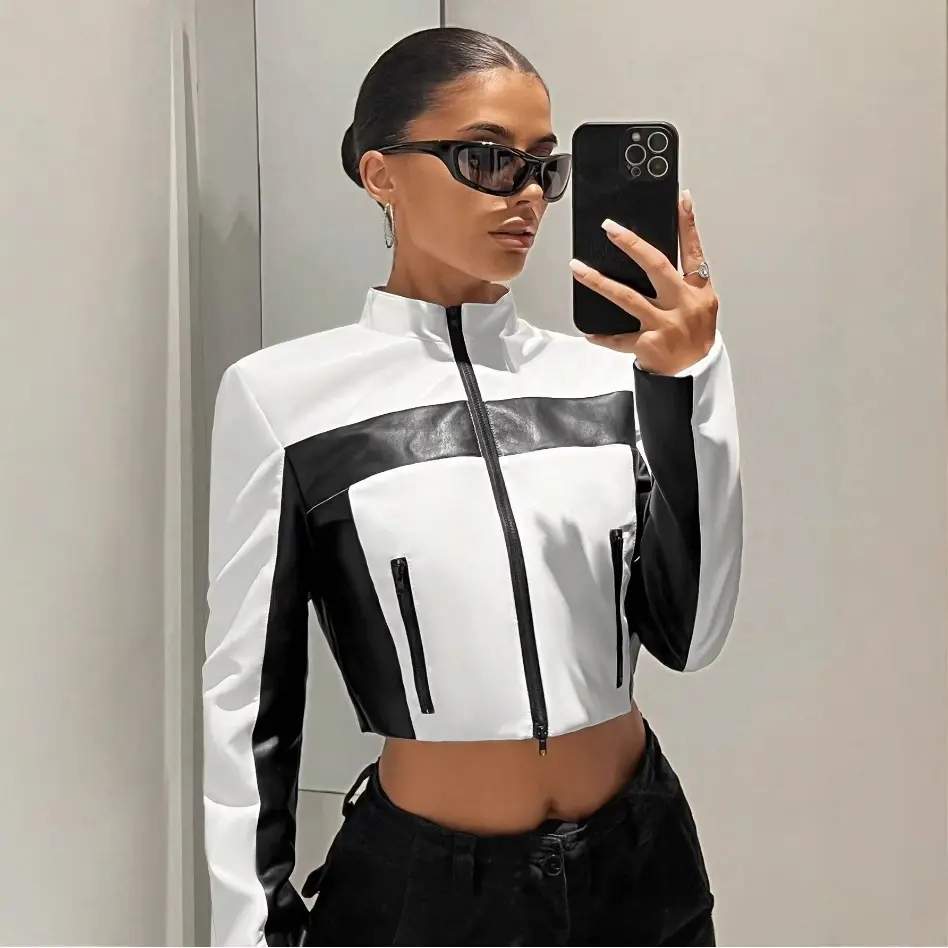 Black And White Contrast Color Leather Coat