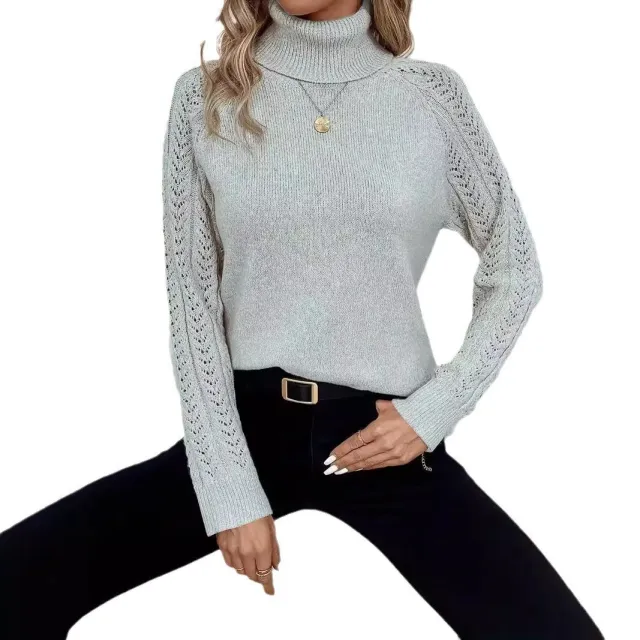 Women's Turtleneck Long Sleeve Sweater Pullover Hollow Out Light Gray - Shop at LoveMi