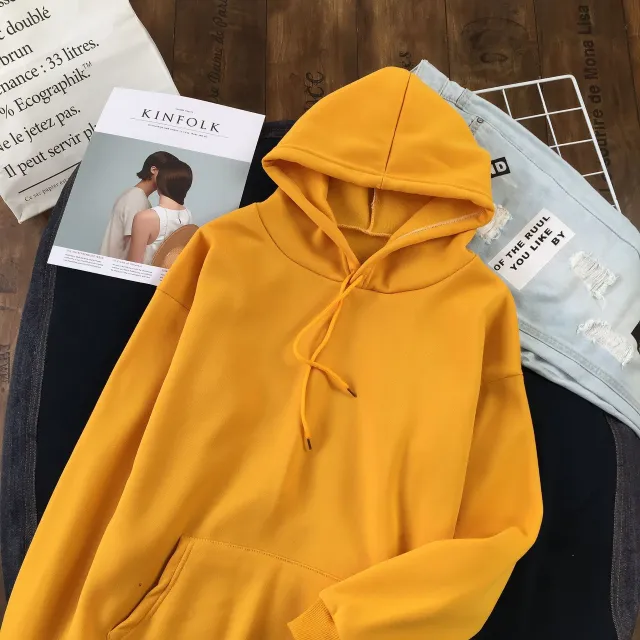Long Sleeve Solid Color Hooded Sweater Couple Yellow - Shop at LoveMi