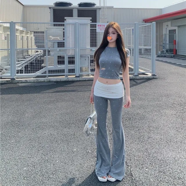 Casual Long Pants Bow Top Women's Summer Two piece Set Gray Suit - Shop at LoveMi