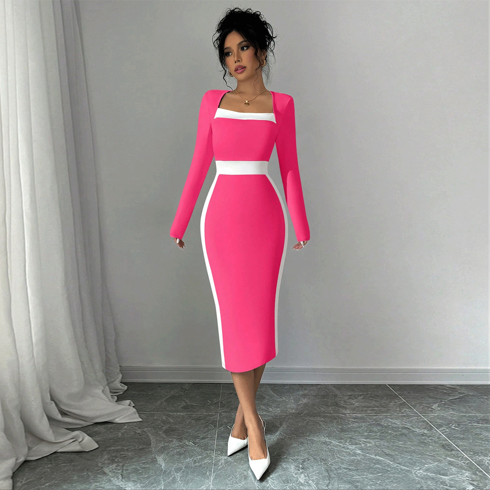 Women's Patchwork Color block Sexy Long sleeve Bodycon Dress Rose - Shop at LoveMi
