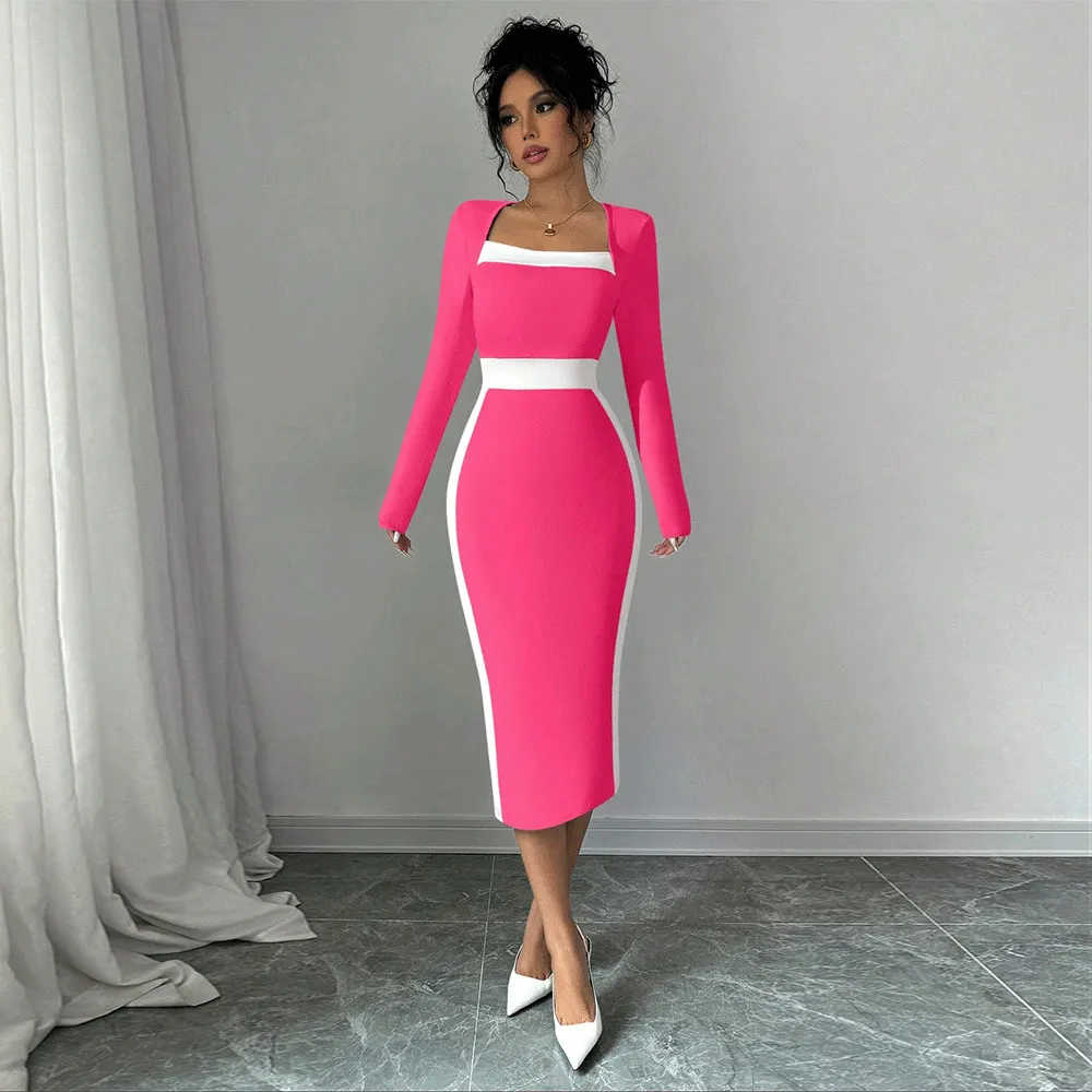 Women's Patchwork Color-block Sexy Long-sleeve Bodycon Dress - Rose