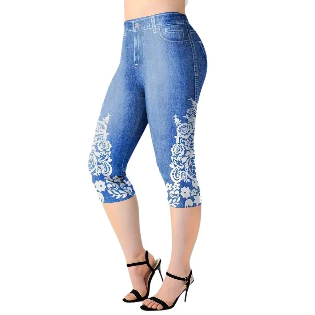 Womens Cowboy-Print Knitted Mid-Waist Casual Leggings - Blue