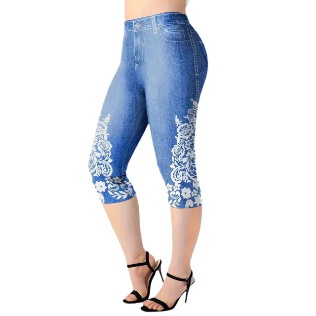 Womens Cowboy Print Knitted Mid Waist Casual Leggings Blue - Shop at LoveMi