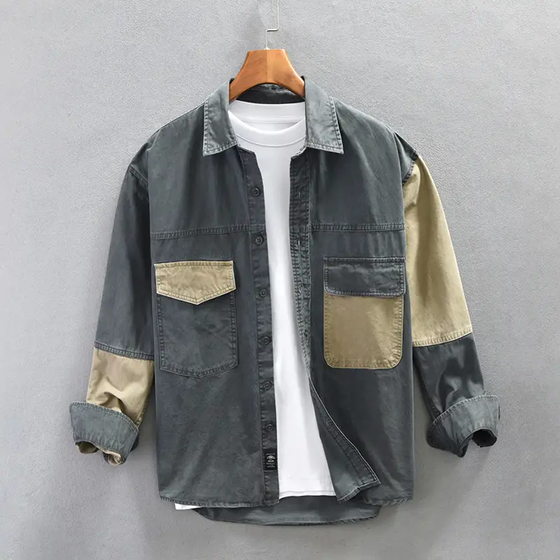 Retro Patchwork Pure Cotton Workwear Shirt Men