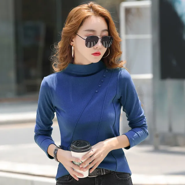 Women's Long sleeved Bottoming Shirt Half Turtleneck Tight Top Dark Blue - Shop at LoveMi