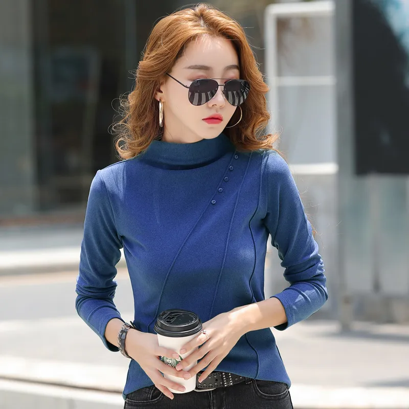 Women's Long-sleeved Bottoming Shirt Half Turtleneck Tight Top - Dark Blue